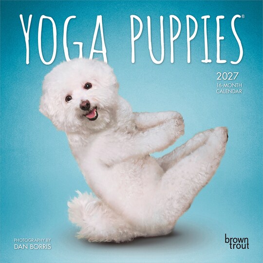 BrownTrout; Yoga Puppies OFFICIAL | 2027 7 x 14 Inch (Hanging) Monthly Mini Wall Calendar; Category:Wall Calendars; Image:1
